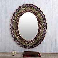 Reverse-painted glass wall mirror, 'Cajamarca Lavender' - Oval Wall Mirror with Reverse-Painted Glass