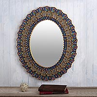 Reverse-painted glass wall mirror, 'Cajamarca Tradition' - Handmade Wall Mirror with Floral Motifs