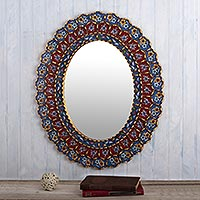 Reverse-painted glass wall mirror, 'Cajamarca Colonial' - Blue and Red Reverse-Painted Glass Mirror