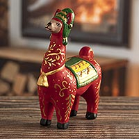 Ceramic statuette, 'Holiday Llama in Red' - Hand Painted Holiday Llama Sculpture