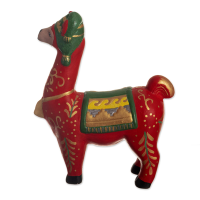 Estatuilla de cerámica, 'Llama navideña en rojo' - Escultura de llama navideña pintada a mano