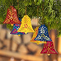 Ceramic ornaments, 'Cheerful Bells' (set of 6) - Artisan Hand Painted Ornaments (Set of 6)