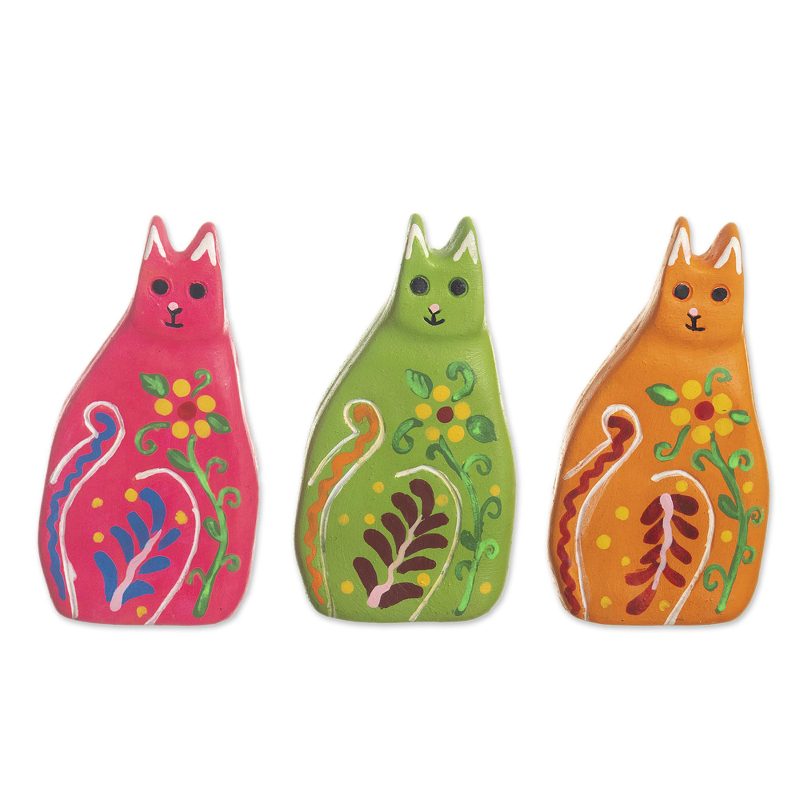 Hand Painted Ceramic Cat Figurines (Set of 3) - Colorful Cats | NOVICA