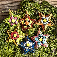 Ceramic ornaments, 'Ayacucho Flowered Stars' (Set of 6) - Ceramic Star Ornaments With Hand-Painted Flowers (Set of 6)
