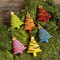 Ceramic ornaments, 'Colorful Evergreens' (set of 6) - Handcrafted Tree Ornaments (Set of 6)
