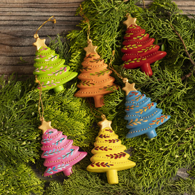 Ceramic ornaments, 'Colorful Evergreens' (set of 6) - Handcrafted Tree Ornaments (Set of 6)