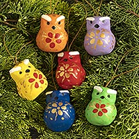 Ceramic ornaments, 'Ayacucho Owls' (set of 6)