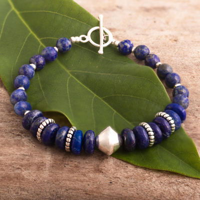 Lapis lazuli beaded bracelet, 'Deep Blues' - Lapis Lazuli and Sterling Silver Beaded Bracelet From Peru