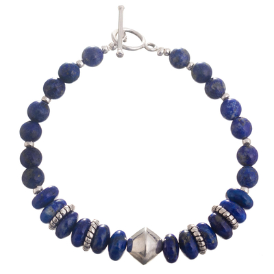 Lapis lazuli beaded bracelet, 'Deep Blues' - Lapis Lazuli and Sterling Silver Beaded Bracelet From Peru