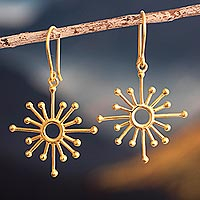 Gold plated sterling silver dangle earrings, 'Geometric Sun'