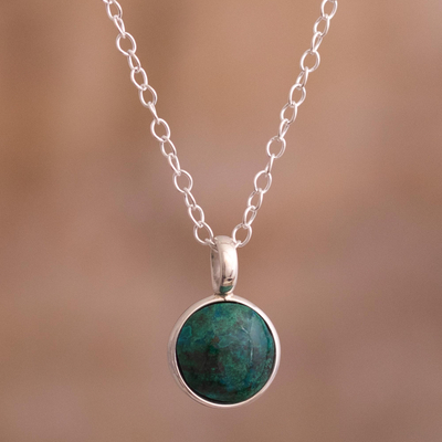 Chrysocolla pendant necklace, 'Blue Green World' - Blue-Green Chrysocolla and Sterling Silver Pendant Necklace