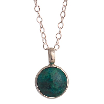 Chrysocolla pendant necklace, 'Blue Green World' - Blue-Green Chrysocolla and Sterling Silver Pendant Necklace