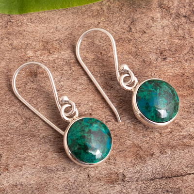 Sterling silver dangle earrings, 'Blue Green World' - Blue-Green Chrysocolla Dangle Earrings in Sterling Silver