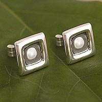 Sterling silver stud earrings, 'Enigmatic Geometry' - Square and Dot Sterling Silver Stud Earrings from Peru