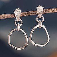 Sterling silver dangle earrings, 'Rustic Circles' - Sterling Silver Post Earrings With Rustic Hanging Hoops
