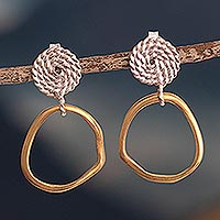 18K gold plated dangle earrings, 'Rustic Golden Circles' - 18K Gold Plated Post Earrings With Imperfect Hanging Hoops