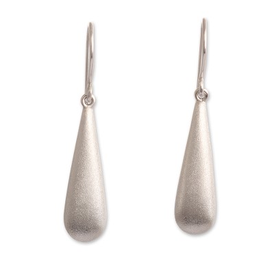 Sterling silver dangle earrings, 'Glowing Raindrops' - Brushed Sterling Silver Dangle Teardrop Earrings with Hooks