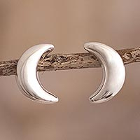 Pendientes de botón de plata de ley, 'Mirror Image Moons' - Pendientes de botón de plata de ley con motivo de luna creciente