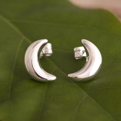 Sterling silver button earrings, 'Mirror Image Moons' - Sterling Silver Button Earrings with Crescent Moon Motif