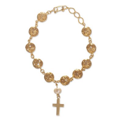 Cultured pearl rosary bracelet, 'Decennary' - Gold Filigree Decennary Rosary Bracelet with Cross and Pearl