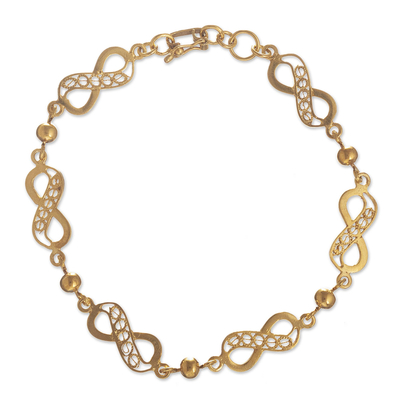 Gold plated filigree link bracelet, 'Beaded Infinity' - 21K Gold Plated Silver Chain Bracelet with Infinity Symbols
