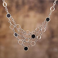Onyx statement necklace, 'Midnight Soiree' - 925 Sterling Silver and Onyx Multi-Chain Necklace from Peru