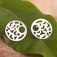 Sterling silver button earrings, 'Tiny Life' - Sterling Silver Earrings With Microbe Motif From Peru