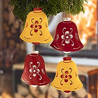 Recycled metal ornaments, 'Bells of Christmas' (set of 4) - Hand Painted Bell Ornaments (Set of 4)