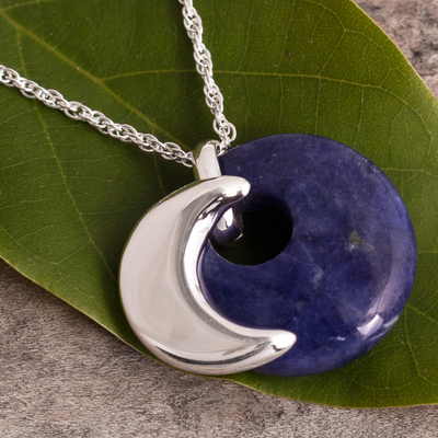 Sodalite pendant necklace, 'Waning Crescent Moon' - Sodalite and Sterling Silver Pendant Necklace with Moon