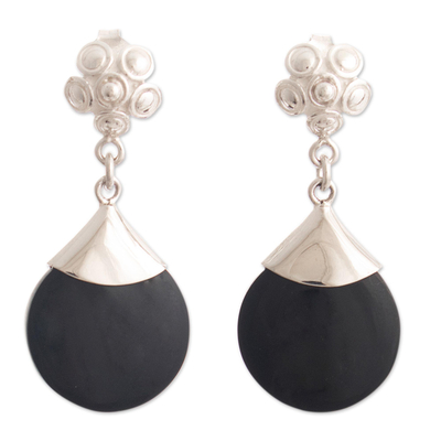 Obsidian dangle earrings, 'Volcanic Night Blossom' - Matte Black Obsidian with Sterling Silver Earrings