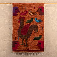 Tapiz de lana, 'Gallo y Granjero' - Tapiz de pared de lana de Gallo en una Granja de Perú