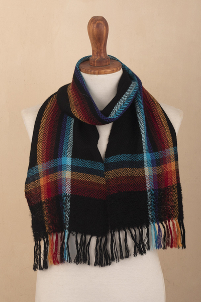 100% alpaca scarf, 'Peruvian Plaid' - Dark Multicolor 100% Alpaca Scarf Hand Made in Peru