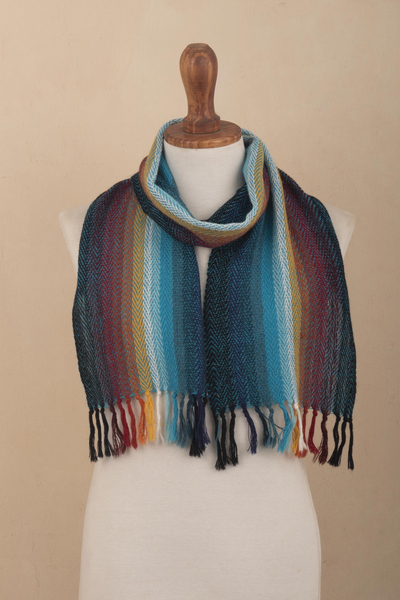 100% alpaca scarf, 'Pastoruri Rainbow' - Hand Woven 100% Alpaca Wool Scarf in Rainbow Colors