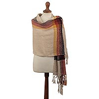 100% alpaca shawl, 'Huayhuash Sunset' - 100% Alpaca Wool Shawl Scarf in Earth Tones from Peru