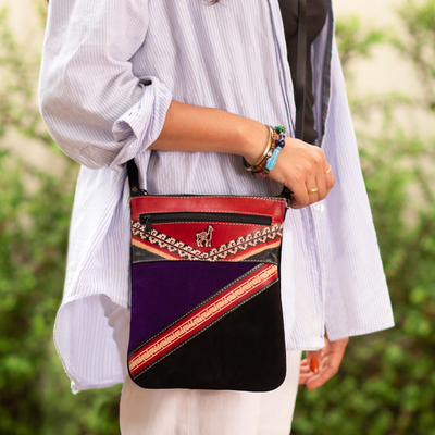 Suede sling bag, 'Traveling Llama' - Small Suede Shoulder Bag with Llama on Mountain Image