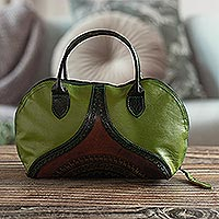 Leather handbag, 'Peruvian Lotus Leaf' - Green and Maroon Goat Leather Toiletry Bag from Peru
