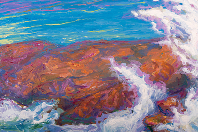 Expressionist Acrylic on Canvas of Wave Breaking on Rocks
