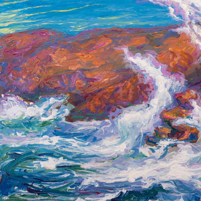 'Mar Salvaje' - Expresionista Acrílico sobre Lienzo de Ola Rompiendo en Rocas