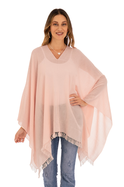 Cotton Pale Peach Handwoven Fringed Poncho from Peru