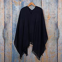 100% Cotton Navy Blue Fringed Women's Poncho from Peru,'Midnight Blues'