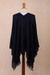 Cotton poncho, 'Midnight Blues' - 100% Cotton Navy Blue Fringed Women's Poncho from Peru (image 2d) thumbail