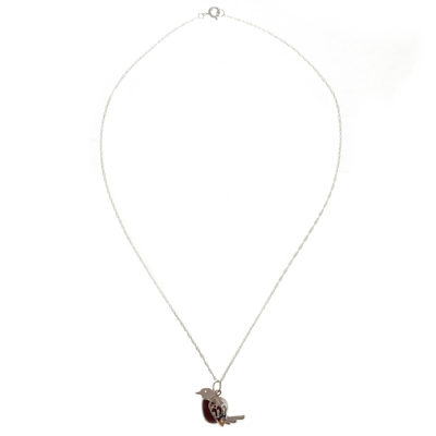 Jasper pendant necklace, 'Andean Robin' - 925 Sterling Silver and Jasper Necklace with Bird Pendant