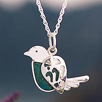 Chrysocolla pendant necklace, 'Peruvian Bluebird' - Chrysocolla and 925 Sterling Silver Bird Pendant Necklace