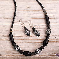 Ceramic beaded jewelry set, 'Pottery Beads' - Finely Crafted Black Ceramic Bead Necklace and Earring Set