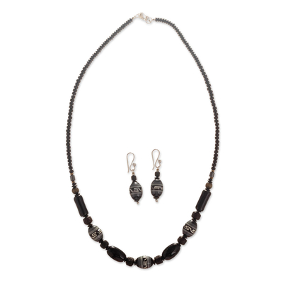 Finely Crafted Black Ceramic Bead Necklace and Earring Set