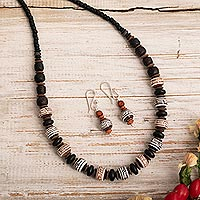 Ceramic beaded jewelry set, 'Pottery Traditions' - Fine Pottery Beaded Necklace and Earring Set from Peru