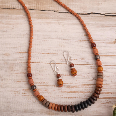 Ceramic beaded jewelry set, 'Cusco Dreams' - Brown Ceramic Beaded Necklace and Earring Set from Peru