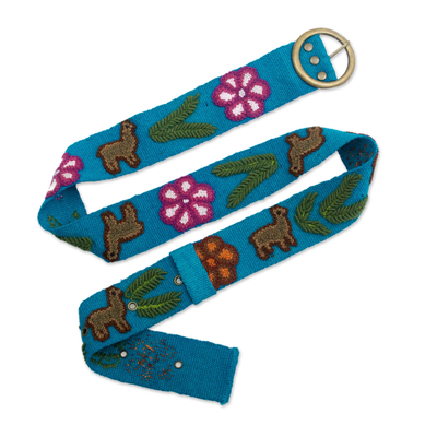Turquoise Cloth Belt Embroidered with Llamas and Flowers