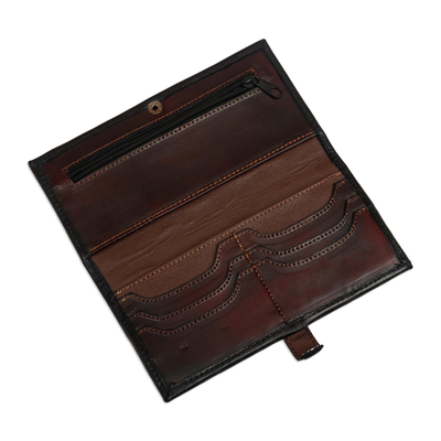 Leather wallet, 'Cusco Sun' - Brown Leather Wallet with Embossed Inca Sun Symbol from Peru