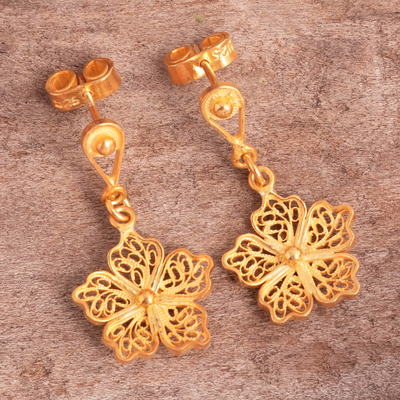 Gold plated dangle earrings, 'Mediterranean Filigree Flower' - Jara Flower Inspired 24k Gold Plated Filigree Earrings
